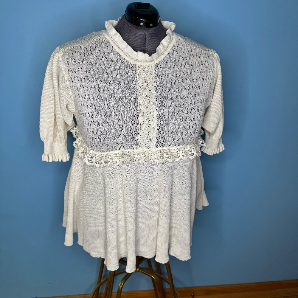 Cream Crochet and Knit Sweater with Lace Trim - L